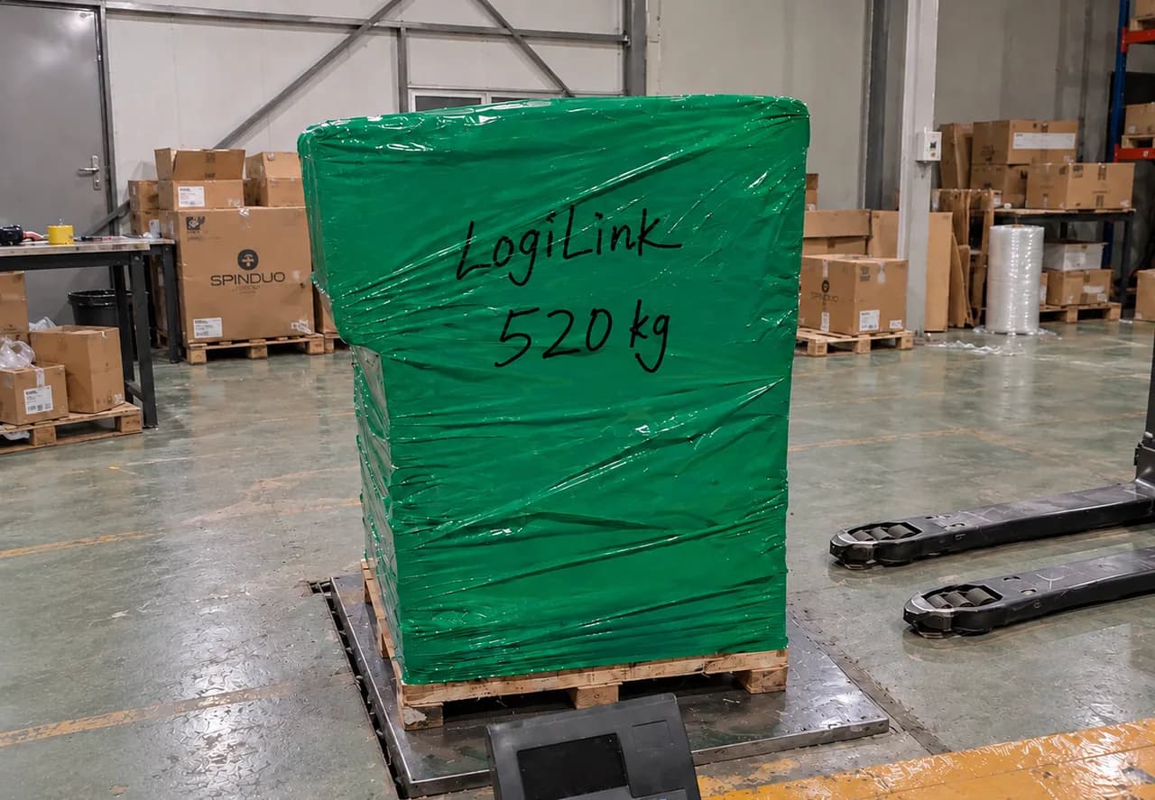 Палета LogiLink у зеленій плівці на складських вагах